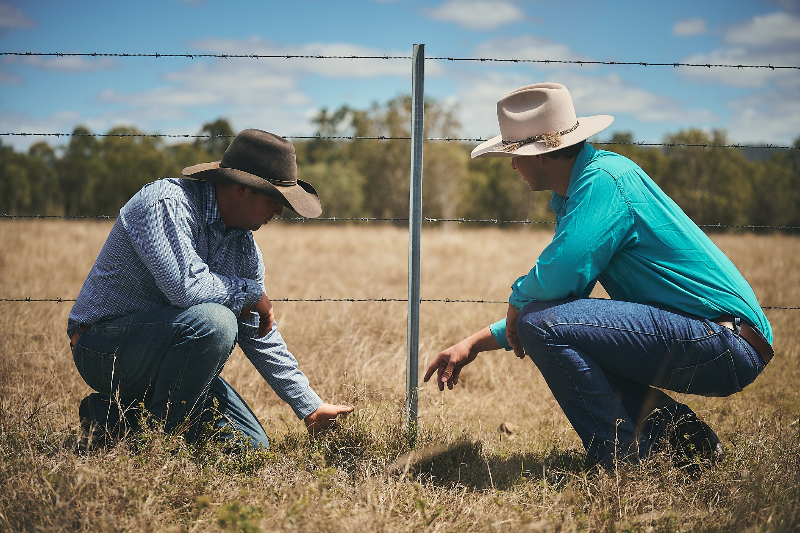 A land manager and an FBA staff member kneel to inspect some grass by a barbed-wire fence.